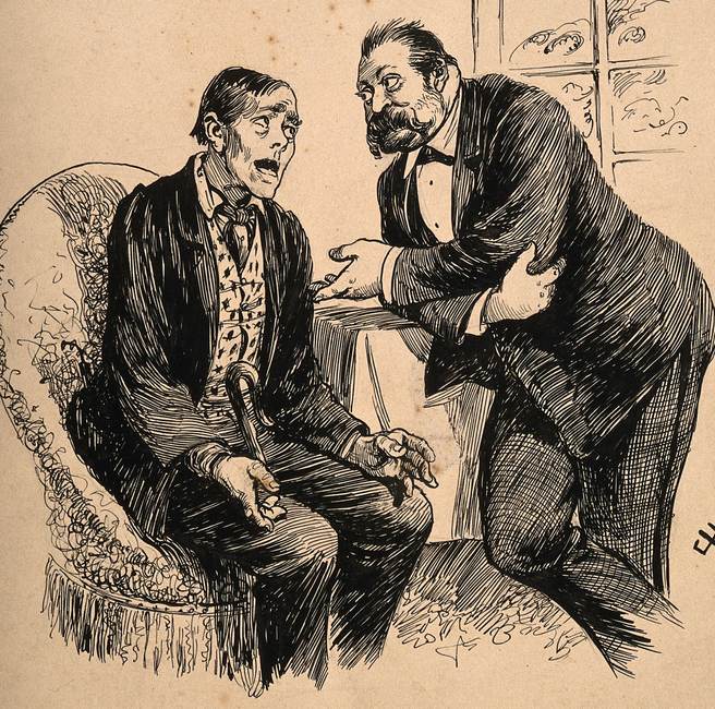 Dessin à la plume ancien : un médecin penché vers son patient assis dans un fauteuil