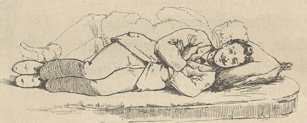 Croquis ancien d'une personne couchée sur le côté, genoux fléchis, la tête sur un coussin