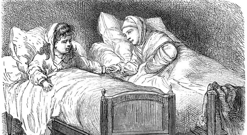Gravure de 1877 : deux enfants couchés dans un lit, la tête posée sur de gros oreillers