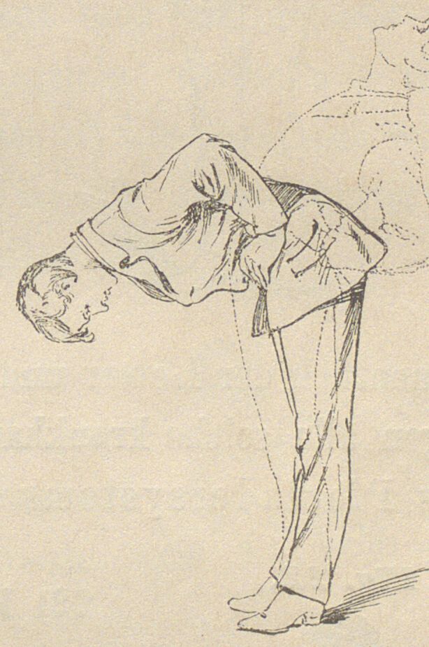 Croquis ancien d'un homme debout qui enroule le buste vers l'avant, bras pendants