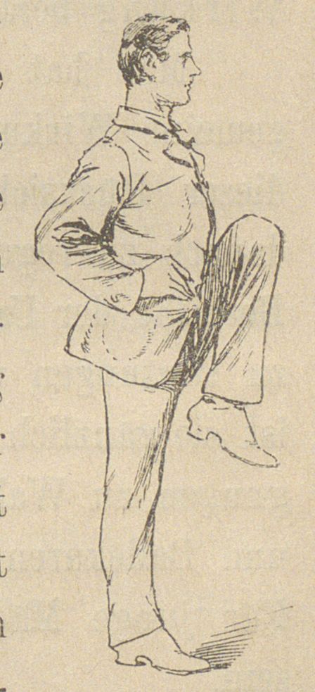 Croquis ancien d'un homme debout qui lève un genou devant lui, main sur la hanche