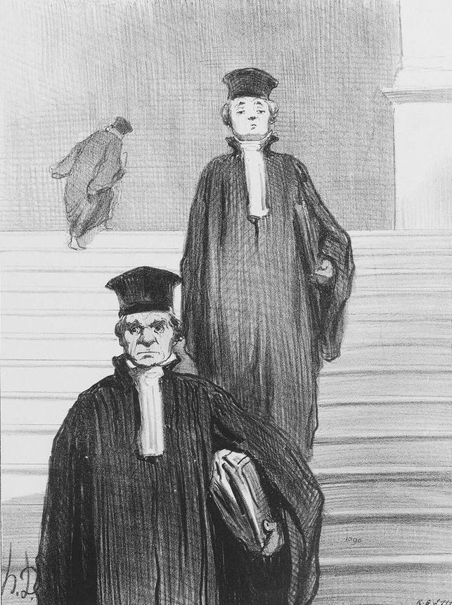 Lithographie ancienne : deux hommes en robe noire descendent un large escalier de pierre