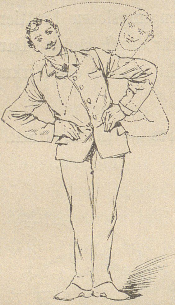 Croquis ancien d'un homme en veste, debout, mains sur les hanches, qui incline le buste sur le côté