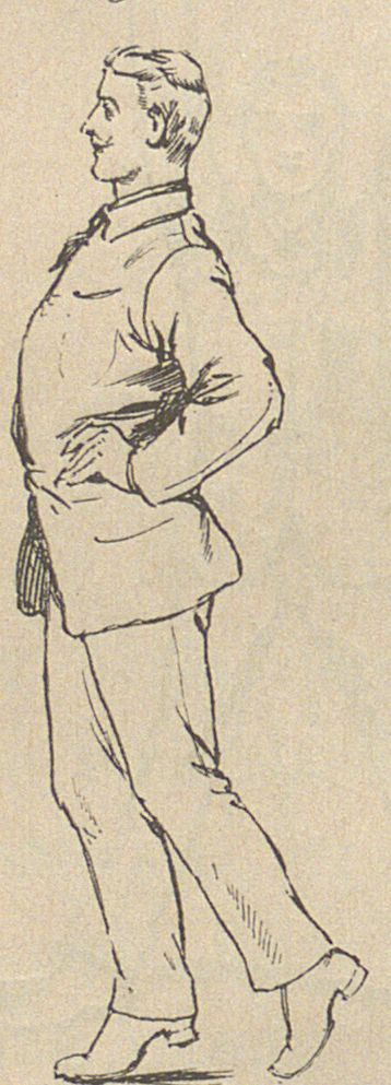 Croquis ancien d'un homme en costume qui marche d'un pas souple, mains sur les hanches
