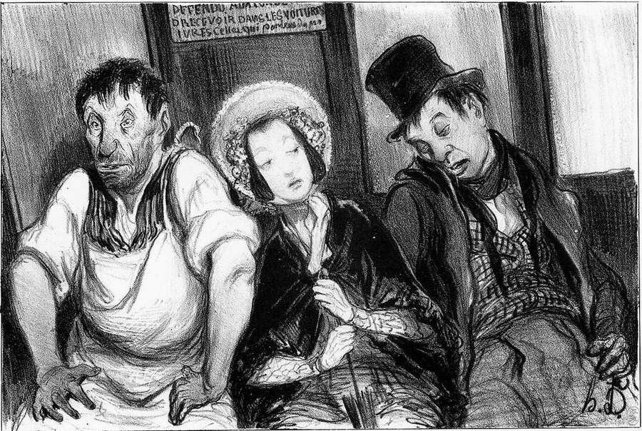 Lithographie ancienne : trois voyageurs serrés sur la banquette d'un omnibus, épaules affaissées