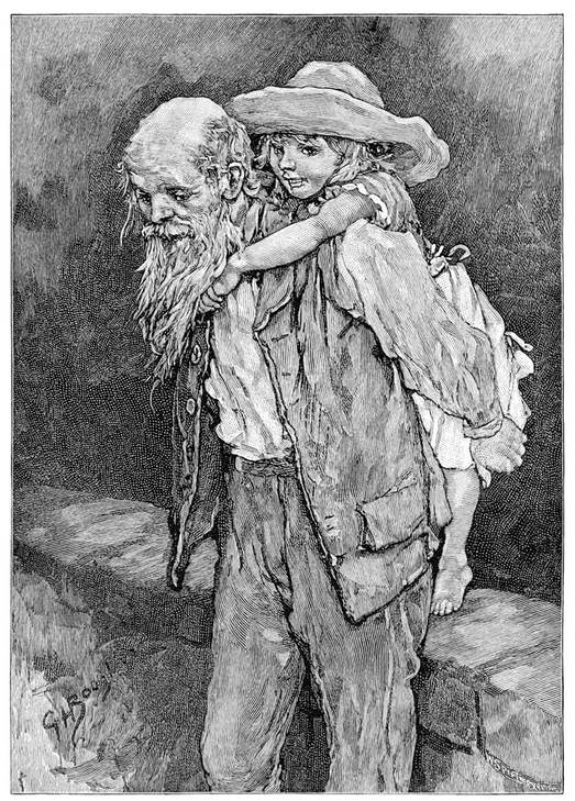 Gravure ancienne d'un vieil homme qui porte une fillette sur son dos